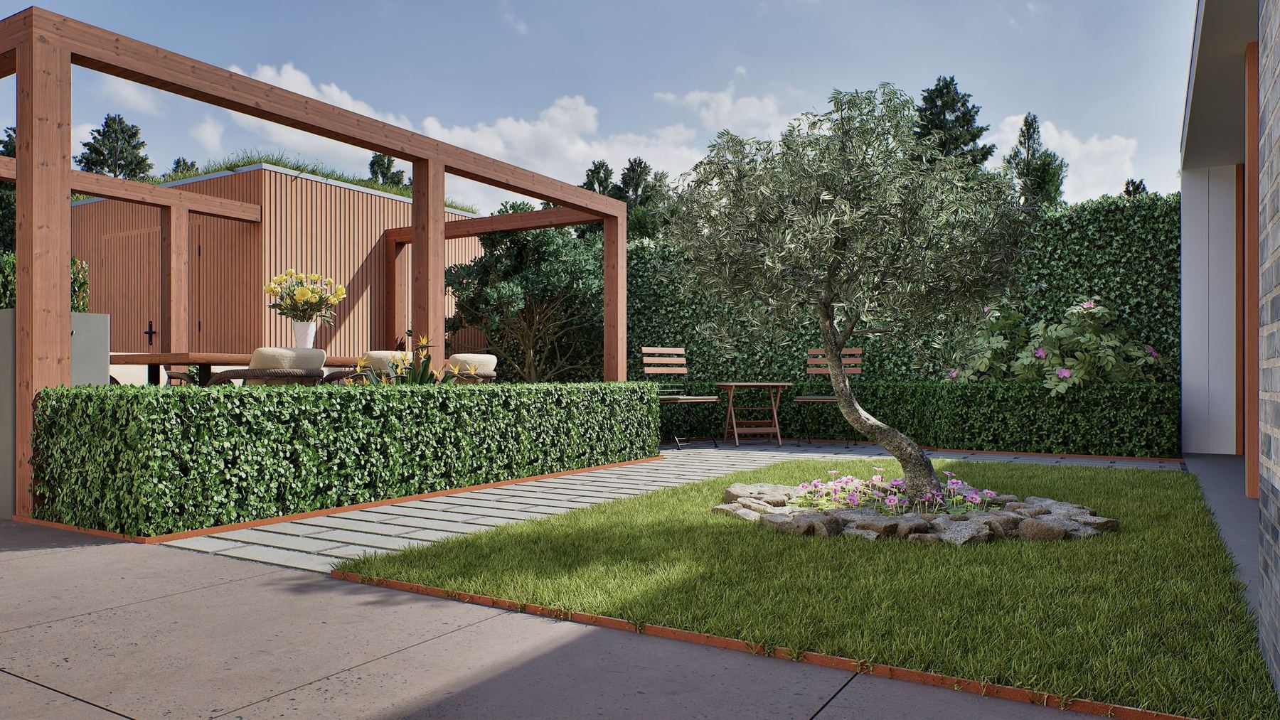 3D-visualisatie van een tuinontwerp met pergola en olijfboom