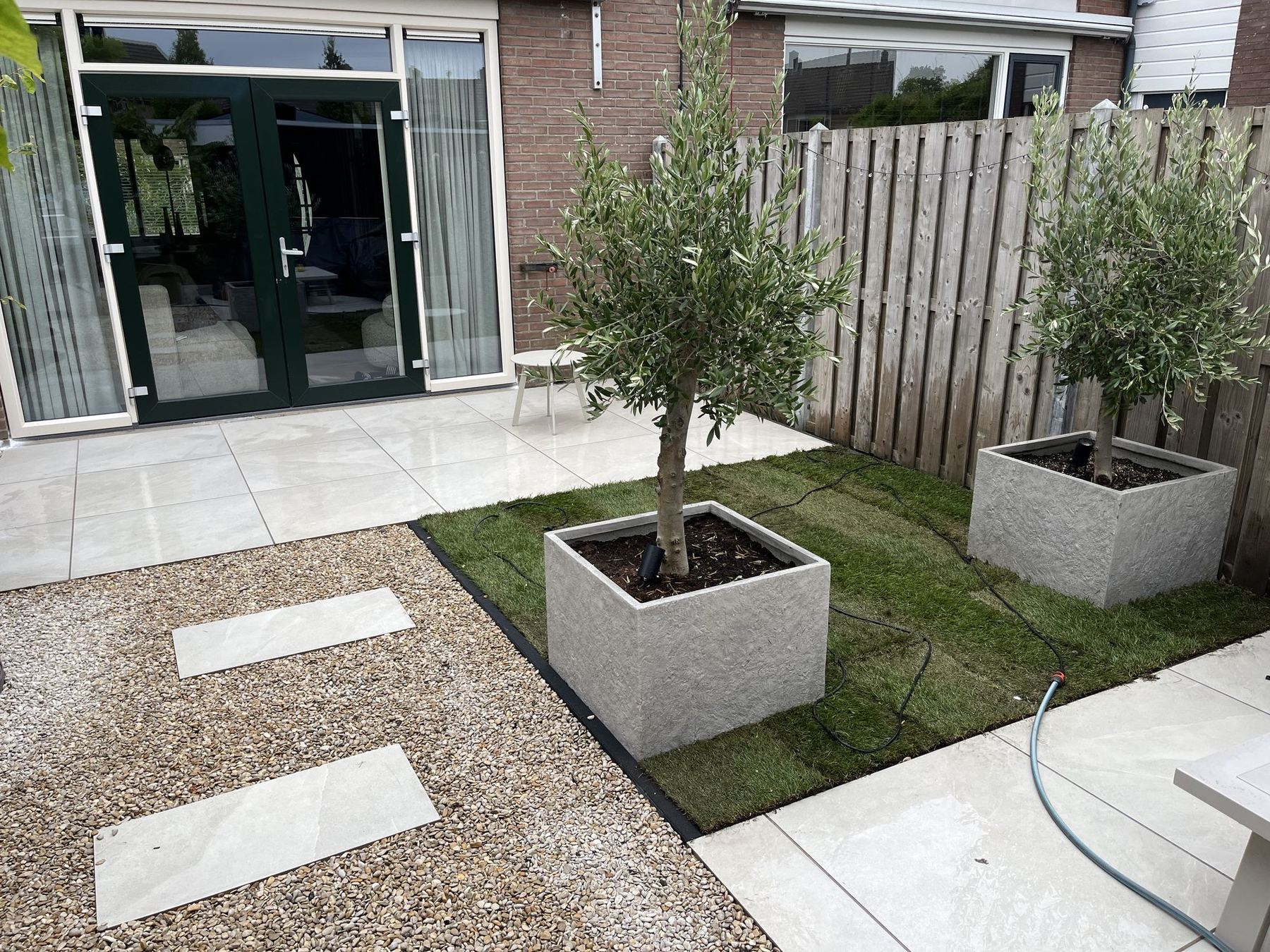 Achtertuin met olijfbomen, grind en keramische tegels in Nieuw-Beijerland